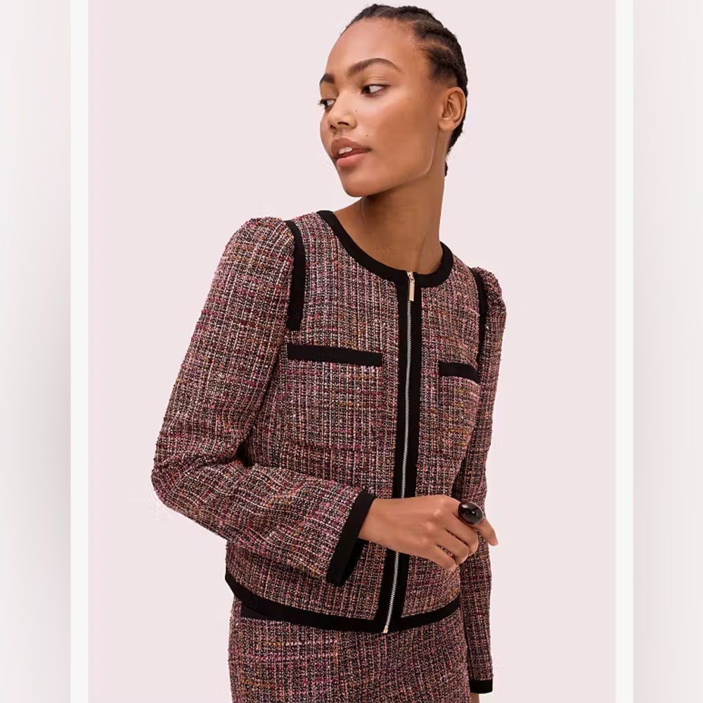 NWOT Kate Spade Puff Sleeve Tweed Jacket in Pink Black Multicolor Size 2.